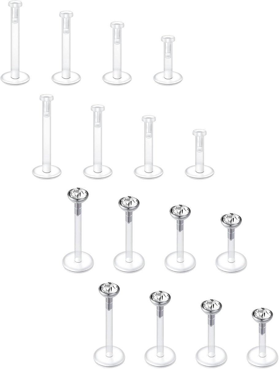Vcmart 16-20 stuks lippiercing labret steker Bioflex flexibele kunststof 16G 6/8/10 mm piercing lip monroe steker