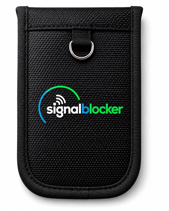 Zwarte hoes met logo 'signalblocker' in blauw en groen, en een D-ring.