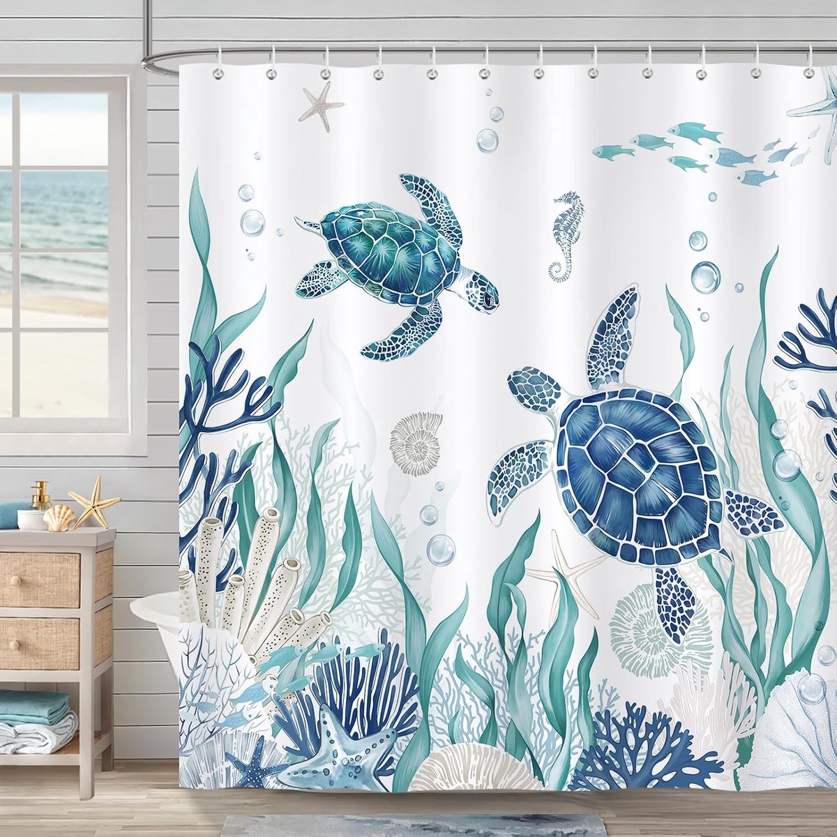 Douchegordijn, groenblauw oceaan strand zeeschelp zeester koraal kust douchegordijn voor badkamer waterdicht polyester stof met 12 haken, 182 x 183 cm