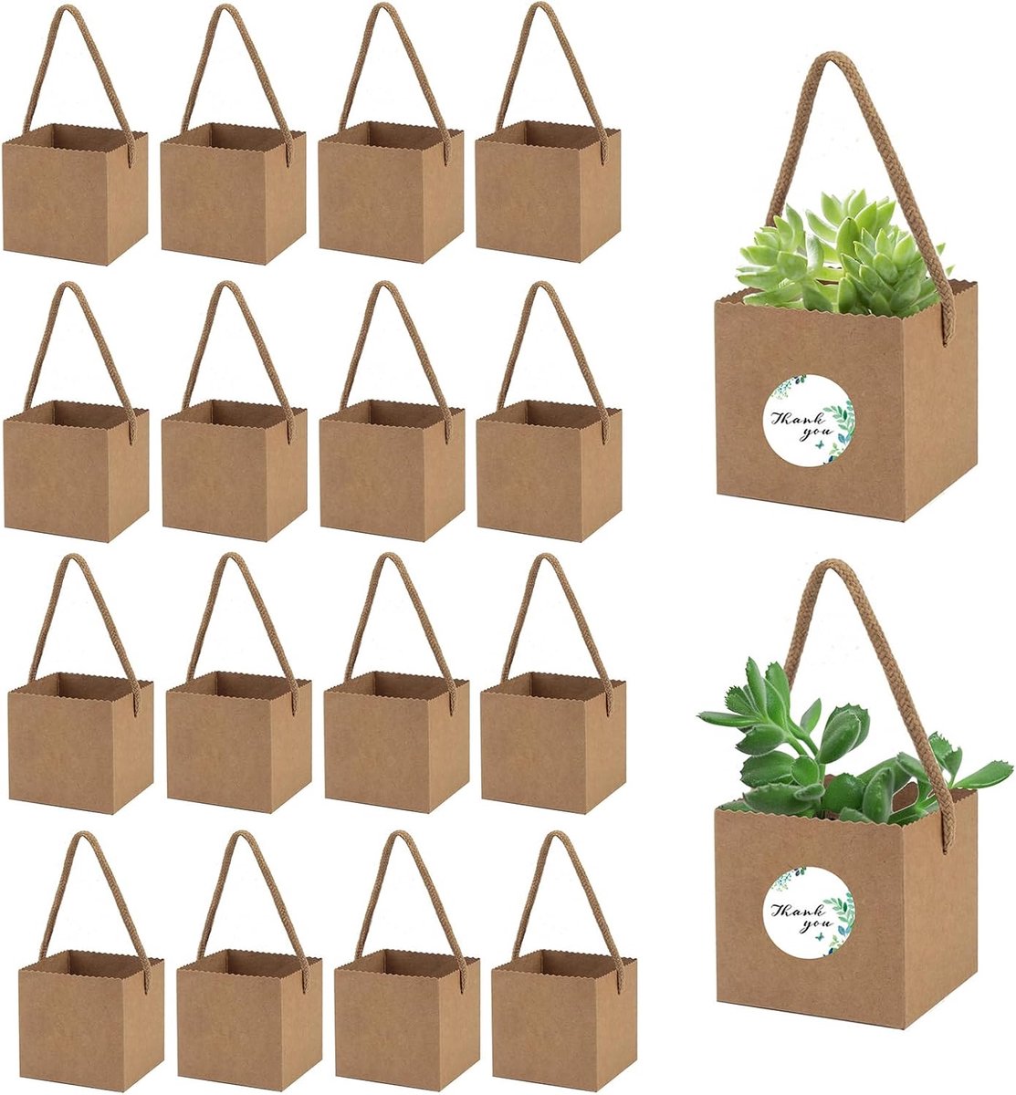 40 stuks vetplantenverpakkingen, cadeauzakjes met handgrepen, kraftpapier, cadeauzakje met 48 stickers, voor bruiloft, babyshower, cadeau-ideeën, 6,35 x 6,35 x 6,35 cm