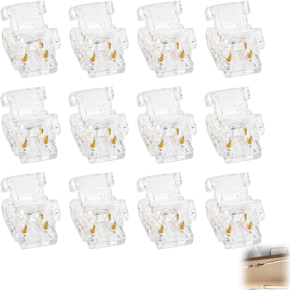 12 stuks COB-ledconnectoren, 2-polig, 8 mm, soldeervrije mini-connectoren voor COB-ledstrips, 12 V/24 V, duurzame materialen van PC en puur koper, eenvoudig te installeren