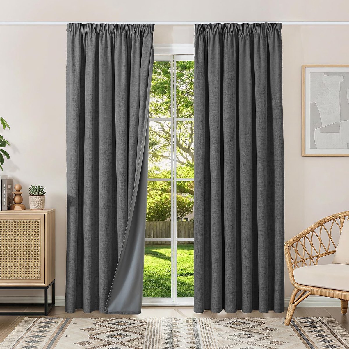 100% verduisterende gordijnen, thermische gordijnen, koudebescherming, gordijnen met plooiband, 200 x 200 cm (h x b), set van 2 gordijnen, linnenlook, ondoorzichtig, grijs, schuifgordijnen