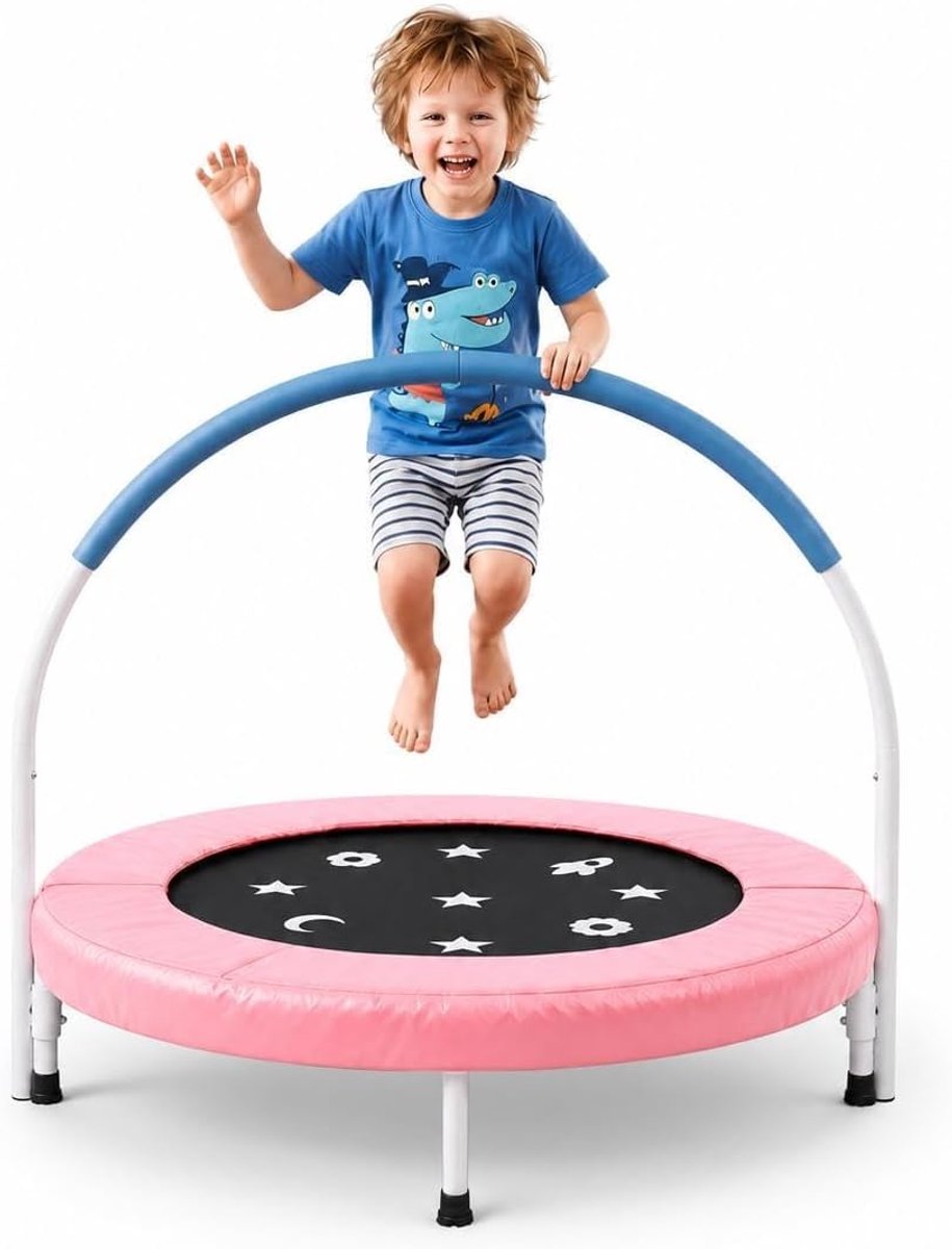 Trampoline van 90 cm voor peuters met handgreep – Opvouwbare kindertrampoline – Mini-juniortrampoline van 36 inch – Stille bungee – Max. 45 kg – Roze