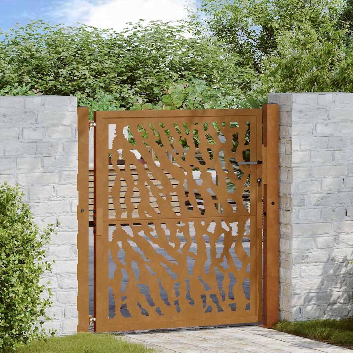 Tuinpoort 100x100 cm met lasergesneden trace-design, weerbestendig staal, roestvrij, incl. palen en 3 sleutels voor tuin, terras en perceel