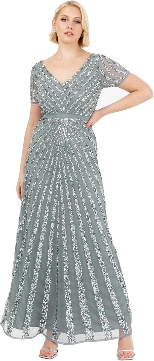 Deluxe Dames Maxi dames verfraaid pailletten lange korte mouw V-hals hoge imperium taille gesneden glanzende prom bruiloft bruidsmeisje jurk misty groen maat 16, Misty Groen, 42