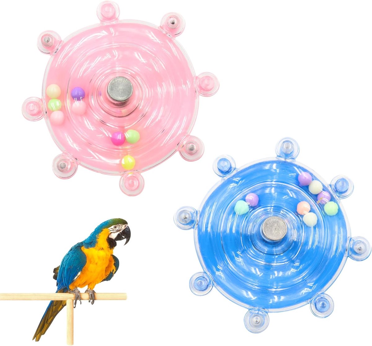 Speelgoed voor papegaaien, kleine vogelkooi-speelgoed met draaiende rammelaar, hangende roller parkietkooi-accessoires voor kauwoefeningen, parkietenentertainment (roze, blauw)