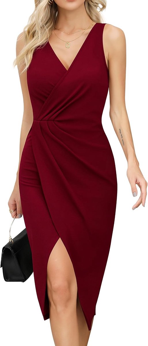 Cocktailjurk voor dames, V-hals, wikkeljurk, mouwloos, partyjurk, split, midi-jurk, bruiloft, avondjurk
