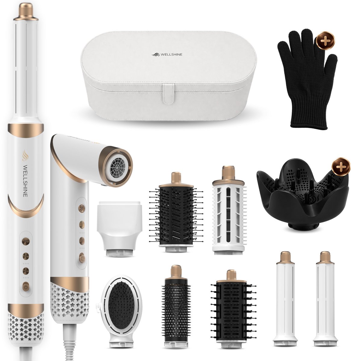 Wellshine 9 in 1 Airstyler Nova - Multistyler met diffuser - Föhn, Haarstyler & Haardroger - Haarstyler, Krulborstel & Krultang voor Drogen en Stylen - Met Opbergbox - Wit