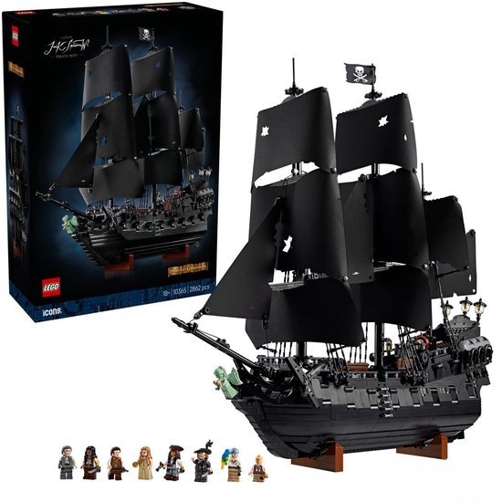 Le bateau pirate du Capitaine Jack Sparrow LEGO avec 7 figurines, voiles noires.