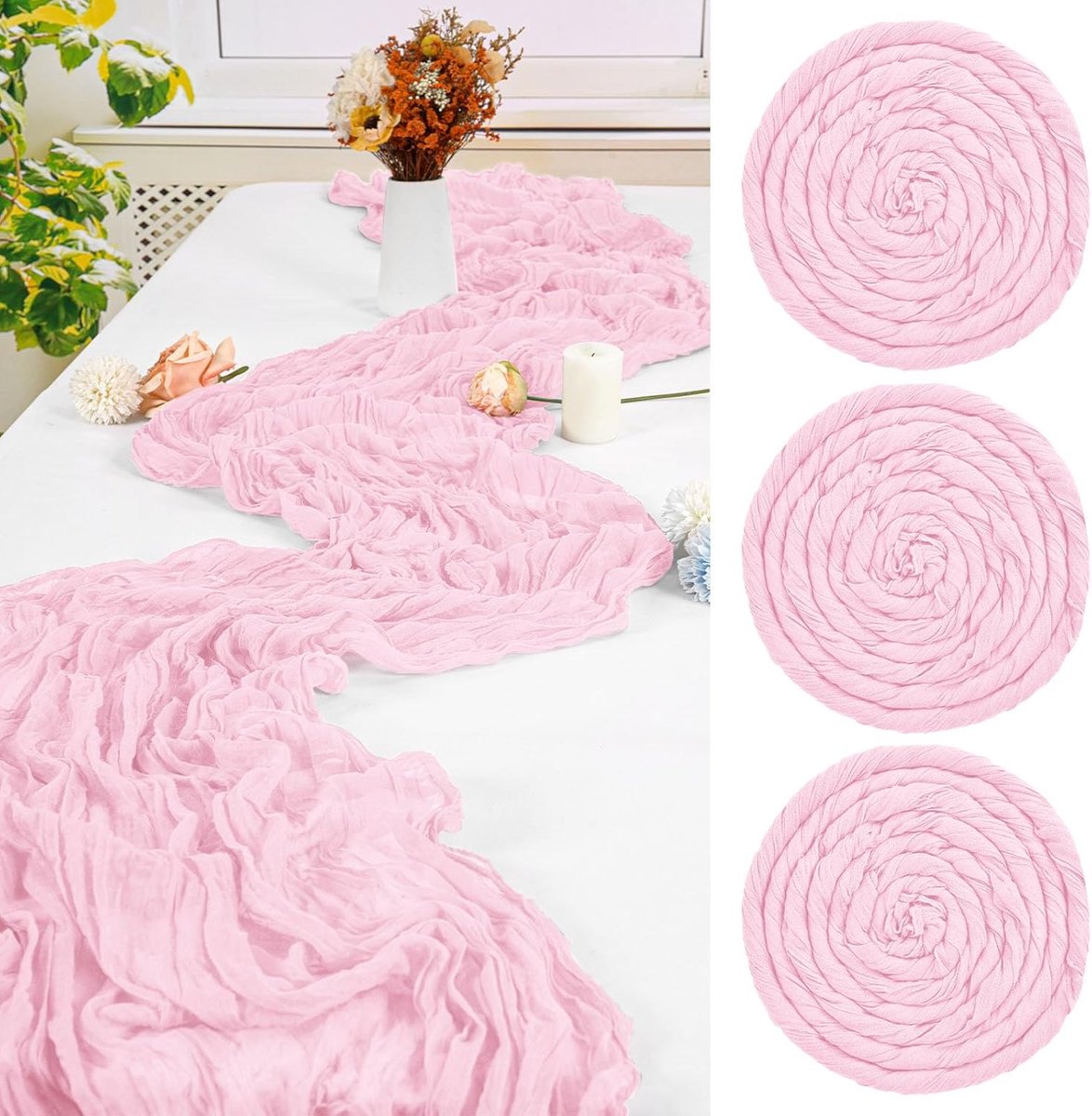 3 stuks lichtroze tafelloper, 55 x 300 cm kaasdoek tafellopers, romantische doorschijnende tafelloper, 10 ft gaas, boho tafelloper, rustieke kaasdoek tafelloper voor bruiloftsfeest, bruidsdouchetafel