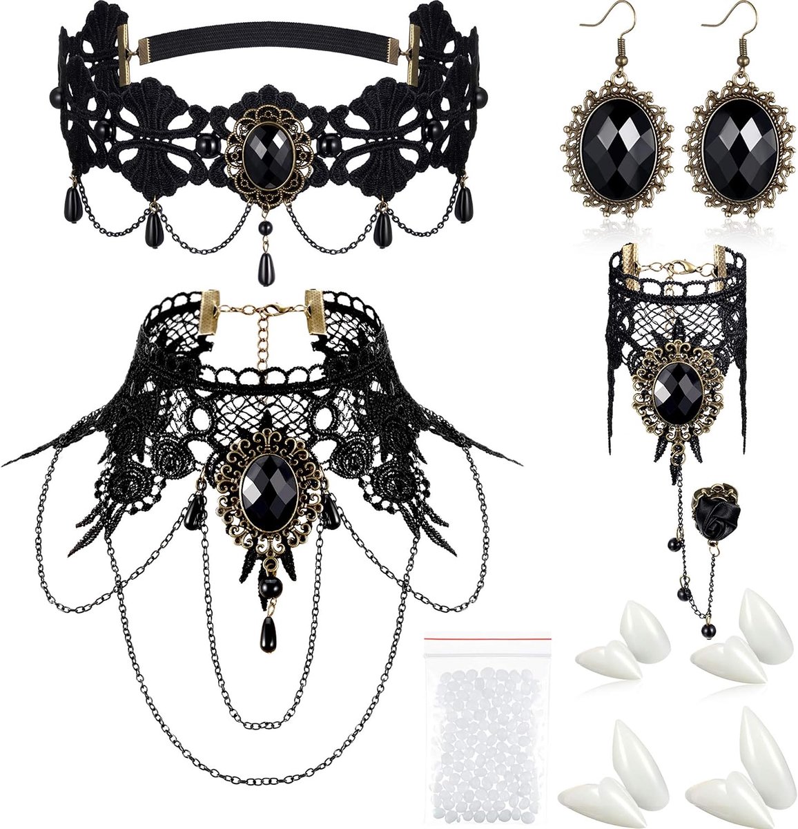 8 stuks Halloween vampiertanden, scheurtanden, halsband, oorbellen, armbanden, gotisch kostuum, sieraden voor Victoriaanse vampier, Halloween-party, zombie, cosplay, feestaccessoires, Hars,
