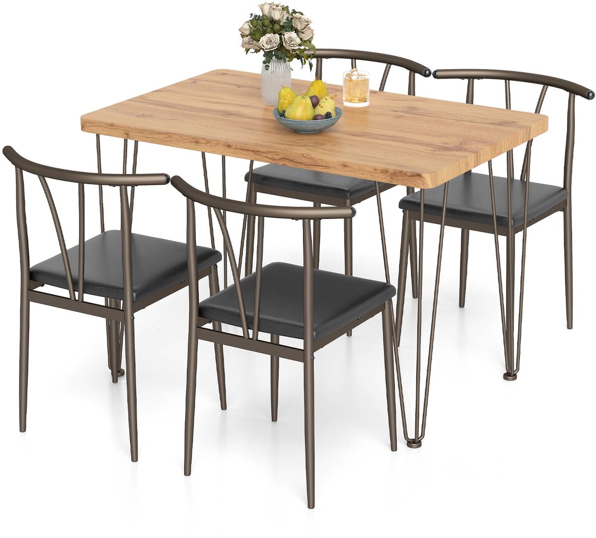 COSTWAY Tafel met 4 stoelen set, eettafel set met 4 cm dikke tafelblad & metalen frame, 5-delige eetgroep industrieel, zitgroep voor eetkamer en restaurant