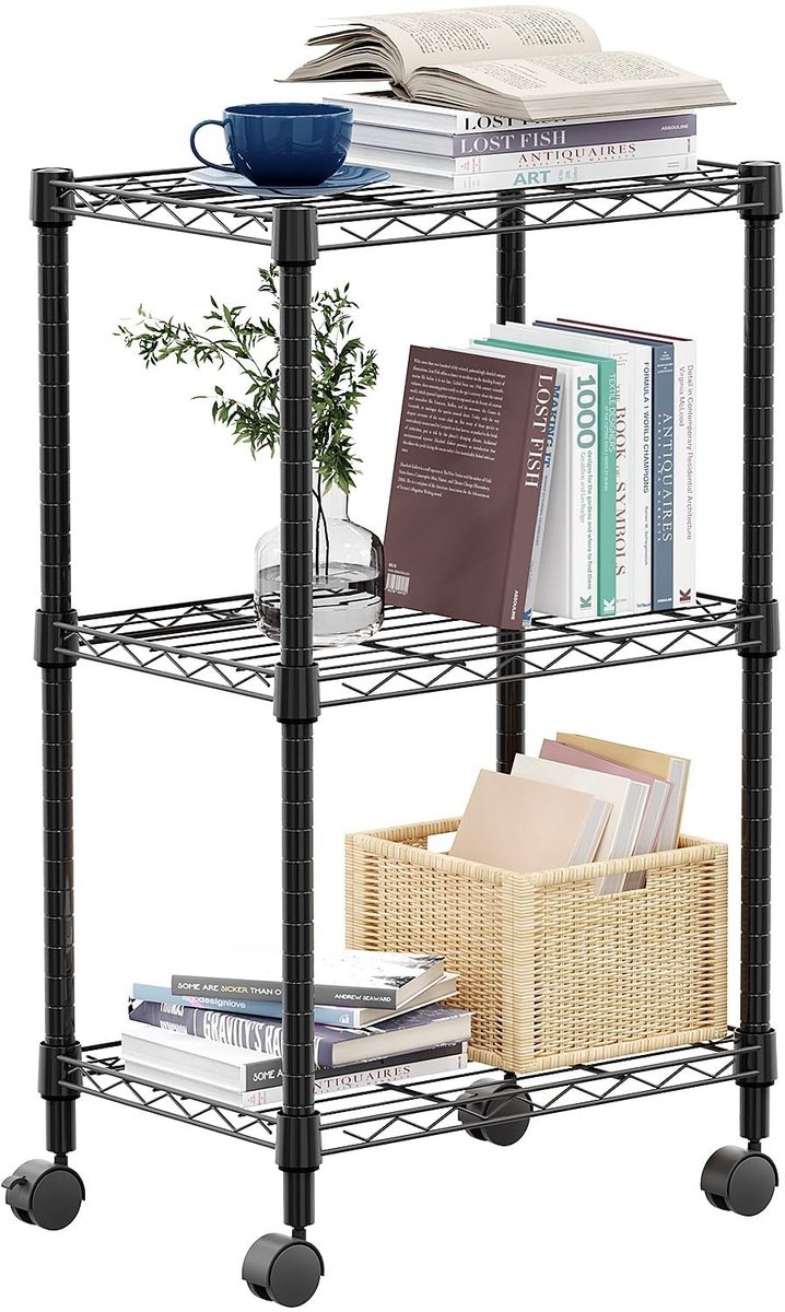 Elzusha - Verrijdbaar Opbergrek met 3 Lagen Metaal 30x45x75.7 cm Zwart