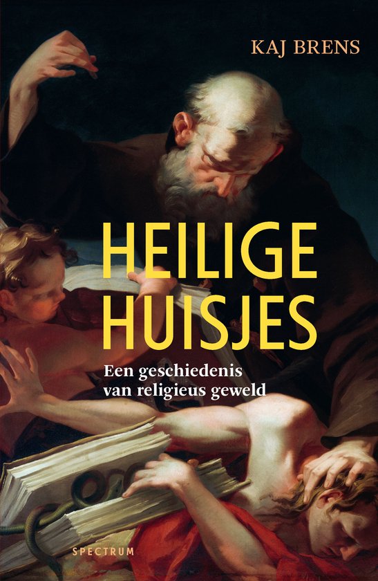 Boekomslag 'Heilige huisjes'. Een schilderij van een oude man die toezicht houdt op een gevecht tussen twee jongere figuren. Titel in geel.