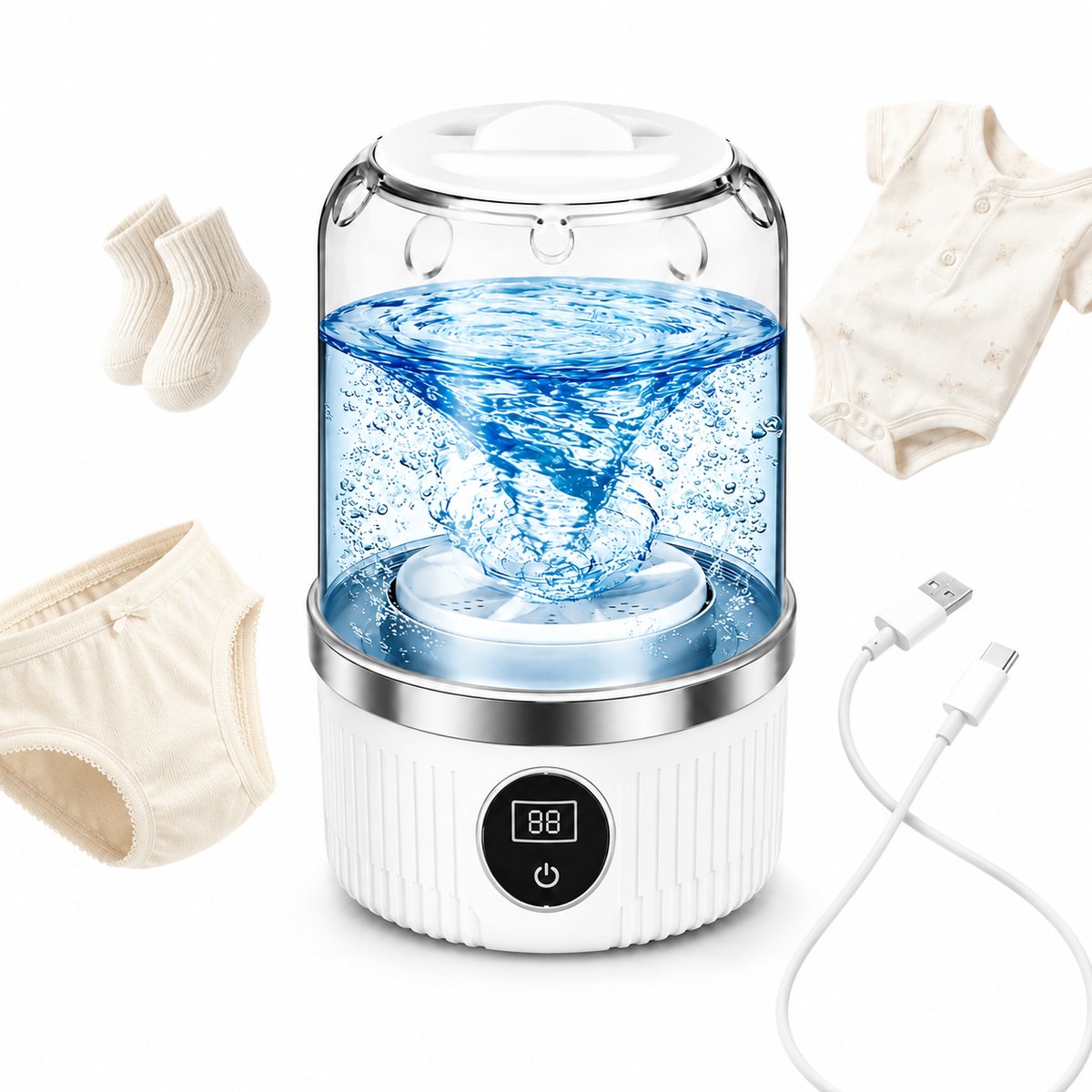Mini wasmachine - Draagbare wasmachine - Kleine wasmachine - Draadloos - Met USB - Voor kamperen, studentenkamer en reizen - Lichtgewicht - 12.5*12.5*20.5CM - Wit