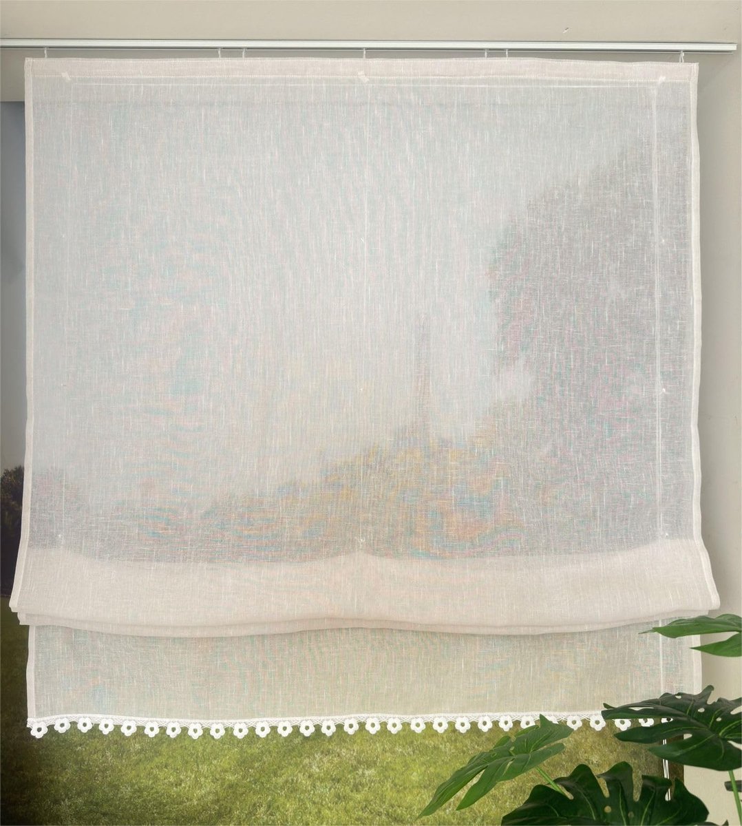 Linnenlook Vouwgordijn met Bloemenrand Zandkleurig 120x140 cm