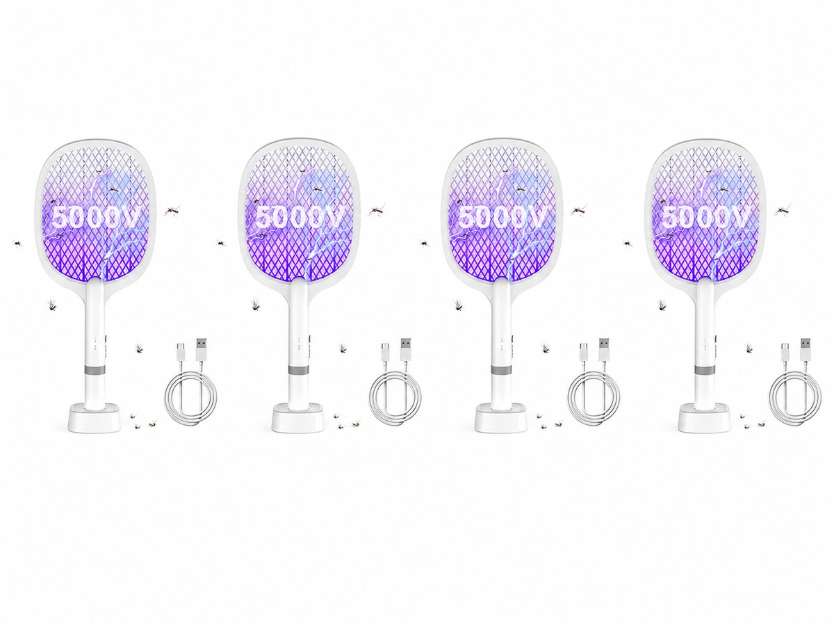 4 stuks-5000V Electric Fly Elektrische Vliegenmepper, Extra Sterke Vliegenmepper Elektrisch, 2 in 1 USB Type-C Elektrische Muggenmepper met Oplaadbare Batterij & UV Lichtval voor Muggen, Vliegen
