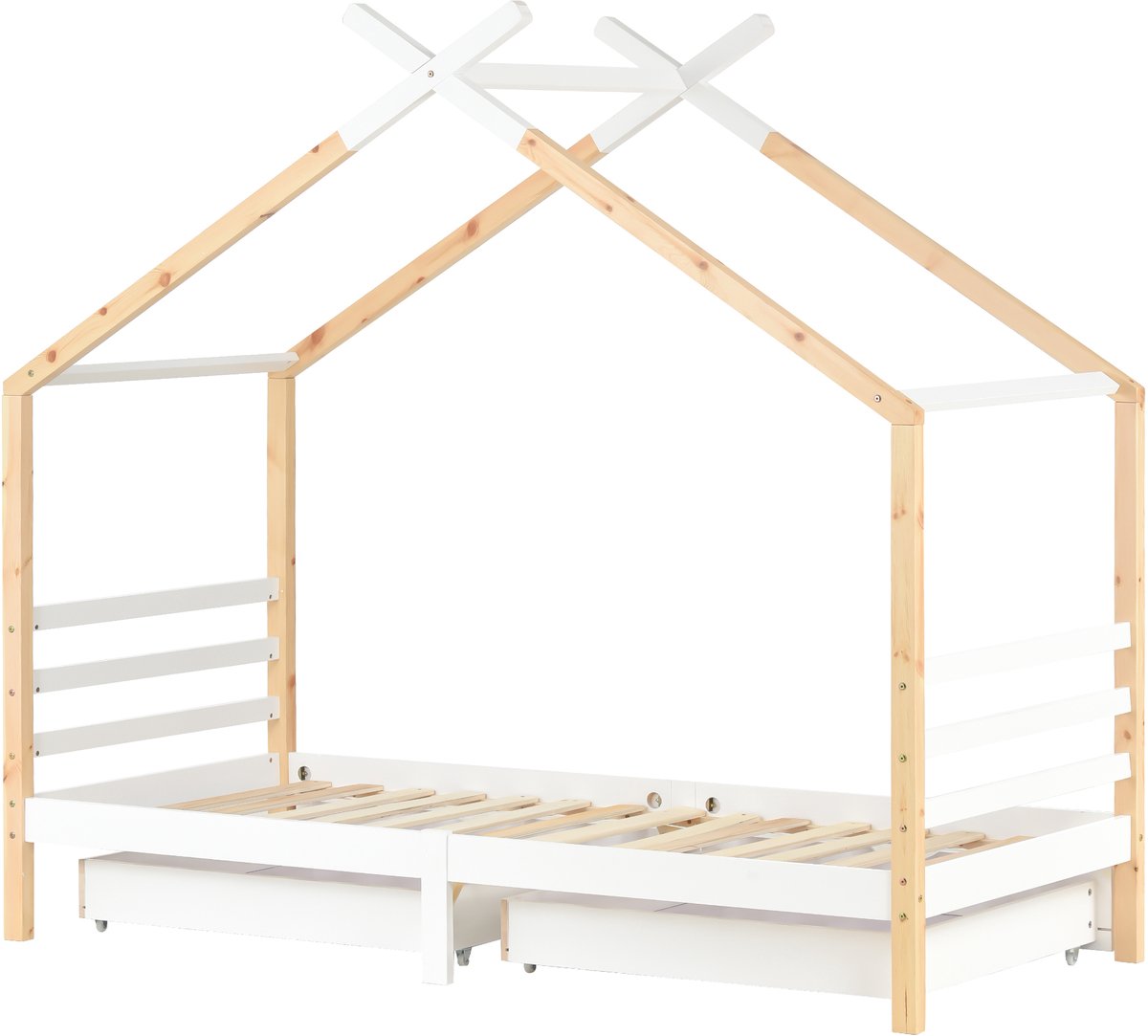 MUVANO Kinderbed - Huisbed - Houten Kinderbed - Massief Hout - Lattenbodem - Huisvormig Dak - Opberglades - Kinderkamer - 90x200 cm - 1-Persoons - Wit En Houtkleur Natuurlijk