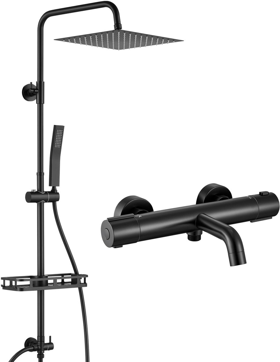 Auralum Max Douchesysteem - Regendouche Ø 25 cm - Met Thermostatische Badkraan en plankje - RVS Doucheset - Verstelbare Hoogte 72-110 cm - Regendoucheset - Waterbesparend - Wandmontage - Zwart