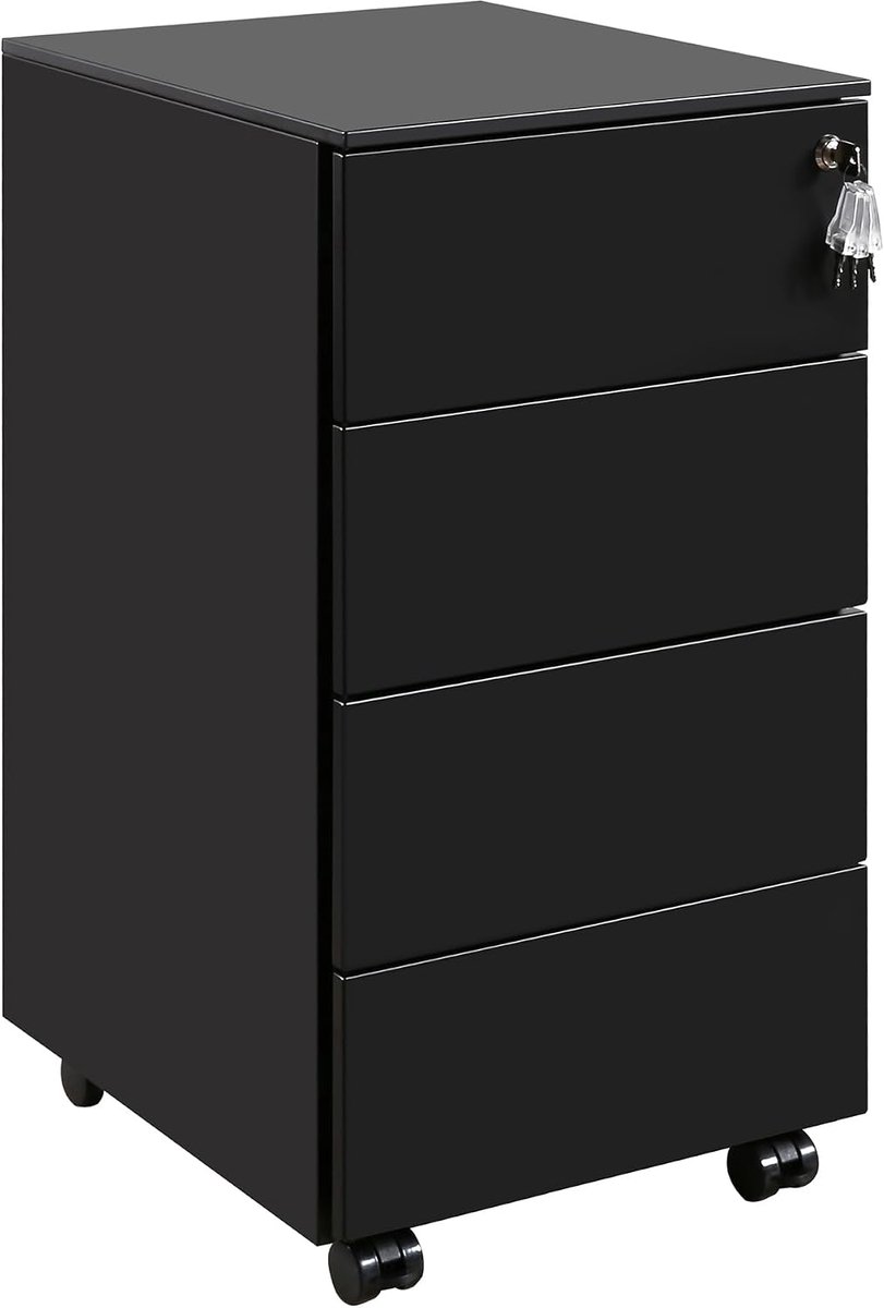 Mobiele archiefkast met slot, 4 sleutels, 4 laden, metalen kast, al voorgemonteerd, voor kantoor, thuiskantoor, zwart