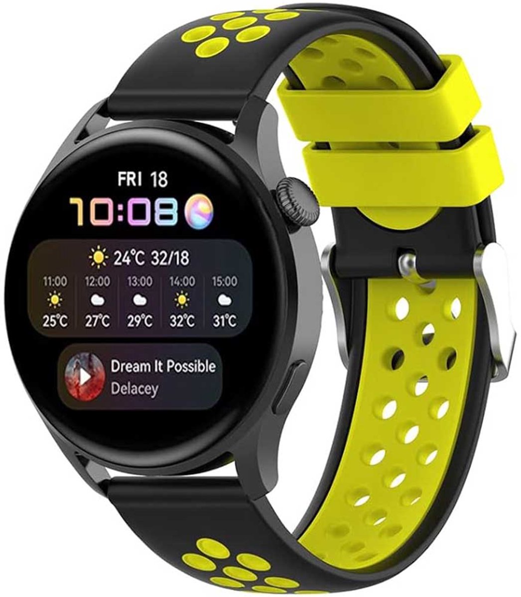 Stravo 18mm Tweekleurig Siliconen Sport Bandje – Geschikt voor Garmin Vivoactive 4S / Vivomove 3S / Venu 2S / Venu 3S / Venu 4 41mm / Forerunner 255S / 265S & Huawei Watch GT 5 / GT 5 Pro / GT 6 – Ademend Horlogebandje – Zwart / Geel