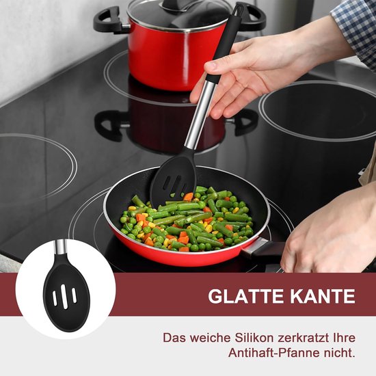 Spatel, kooklepelset, siliconen keukengerei keukenhulp voor koken, kookbestek, kookgerei met roestvrijstalen handgreep, duurzaam en vaatwasmachinebestendig, zwart, 8 stuks — afbeelding 2