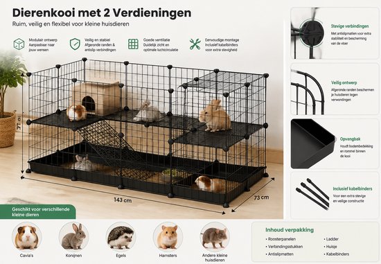 Zwarte metalen ren met 2 verdiepingen, afmetingen 143x73x71cm. Inclusief huisje, verdiepingen, helling, voerbakken en 4 cavia's, 2 konijnen en 2 egels.