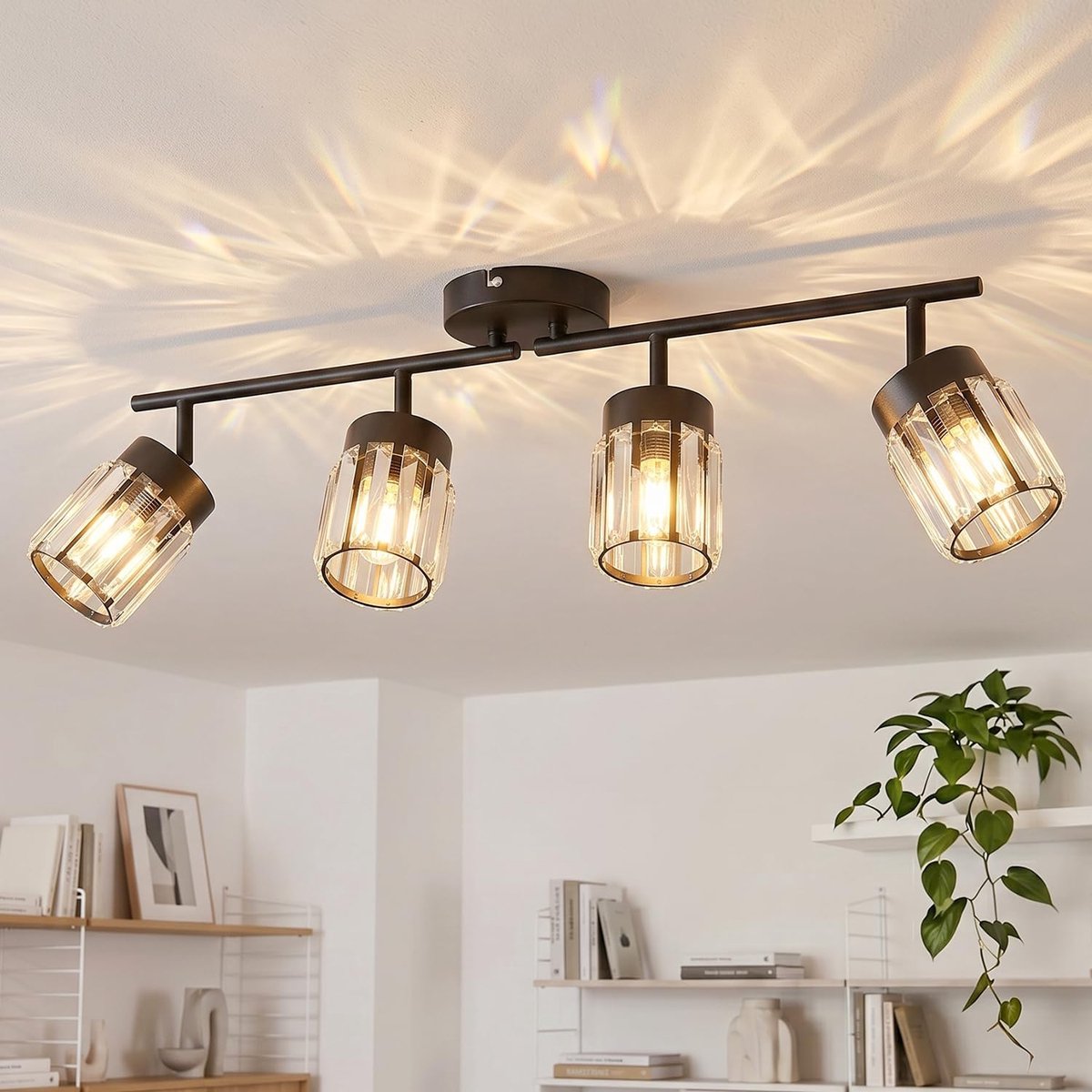 Keukenkroonluchter, plafondlamp met 4 lampen van kristal, lampenkap van glas – E14 plafondspot, draaibaar, keuken, slaapkamer, badkamer (zonder lamp) | kroonluchter keuken