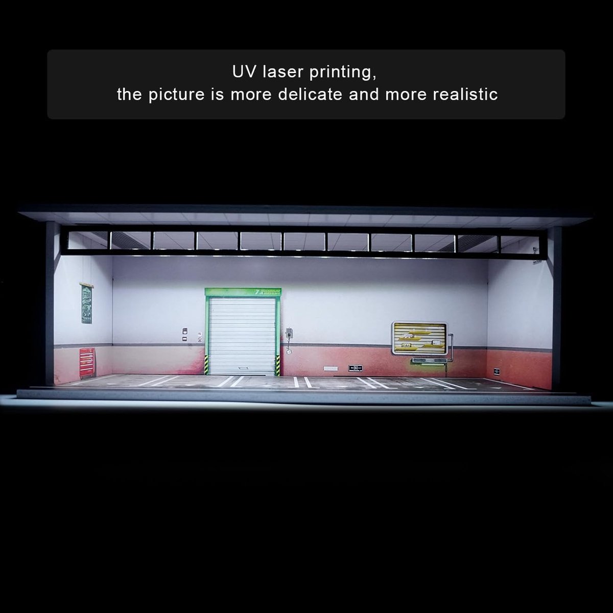 1/64 Diorama Auto Garage - Model met LED-verlichting & Acrylafdekking – Parkeerplaats Scène Displaycase voor Diecast-modelauto’s – Ideaal voor verzamelaars en als cadeau (Rood-witte muur)