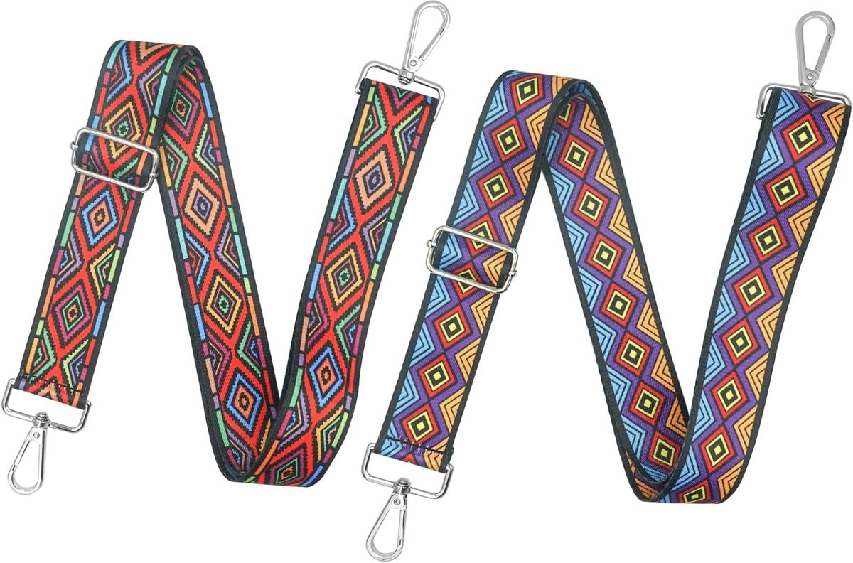 2 Stks Boho Schouderriem Verstelbare 73.5-132Cm Universele 3.8cm Brede Vervanging Tas Band Met Lederen Zilver Metalen Draaibare Haken, Kleurrijke Ruit