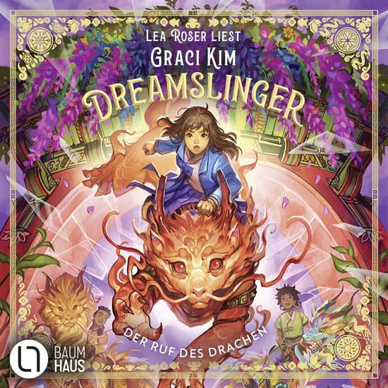Boekomslag Dreamslinger toont een meisje op een oranje draak onder paarse bloemen, met de tekst 'Der Ruf des Drachen'.