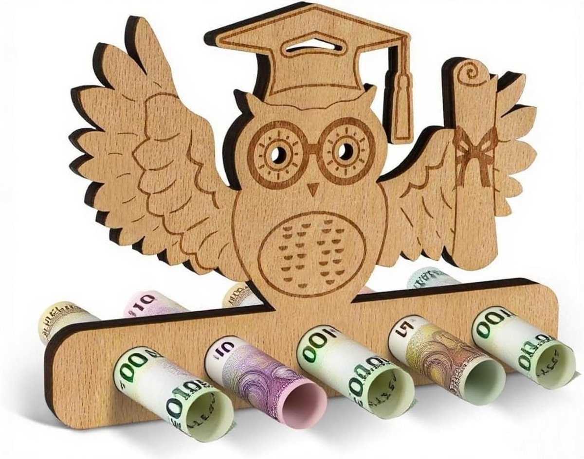 Geldgeschenk van hout voor afstuderen, creatief verjaardagscadeau voor mannen en vrouwen, gepersonaliseerde visdecoratie met gravure (afstuderen)