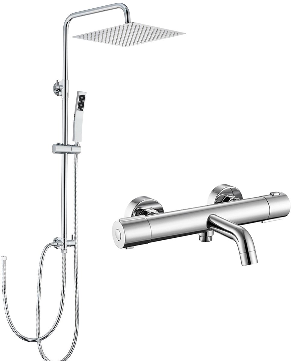 Auralum Max Regendouche Met Thermostaatkraan - RVS Doucheset - Inclusief thermostaatkraan Badkraan - 10 inch Douchekop - Vierkant Design - Verstelbare Hoogte 72-110 cm - Regendoucheset - Chroom
