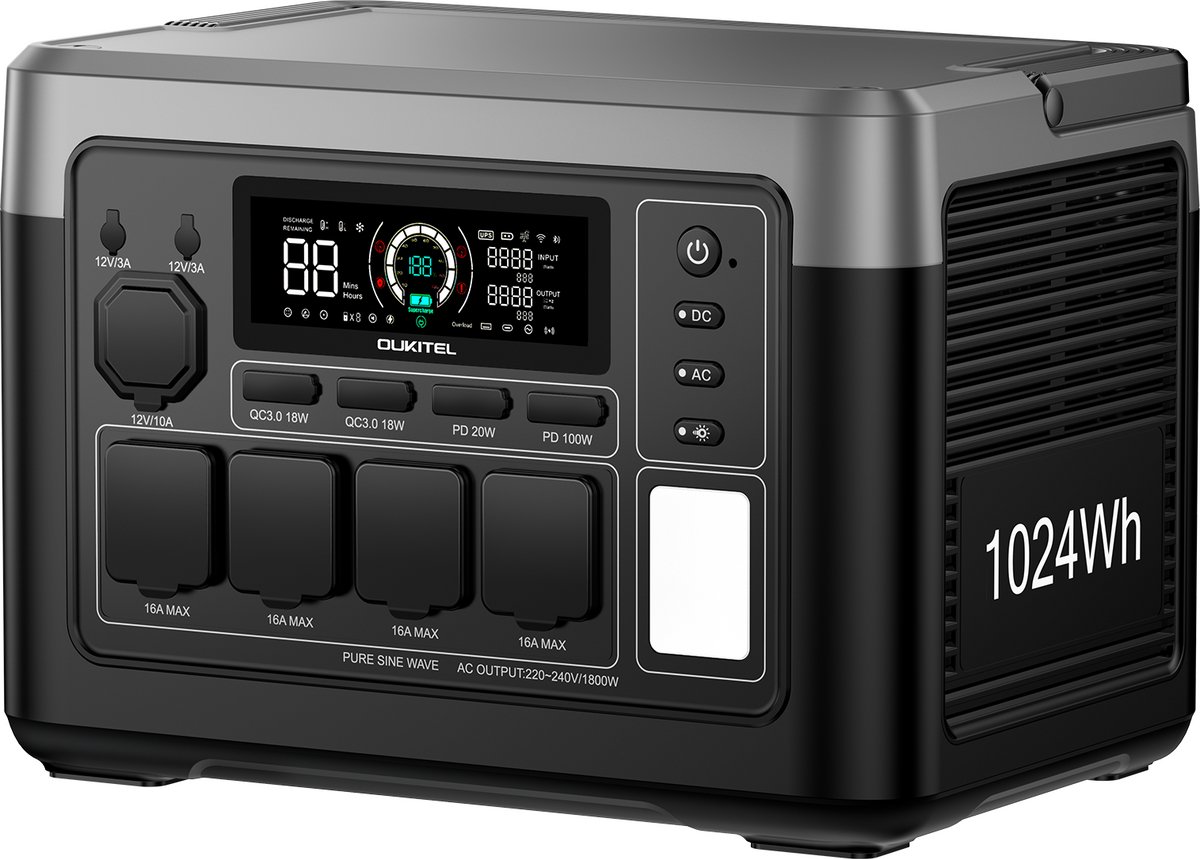OUKITEL P1000 PLUS-Draagbaar stroomstation-1800W-1024Wh LiFePO4 batterij-app bediening-snel opladen-zwart
