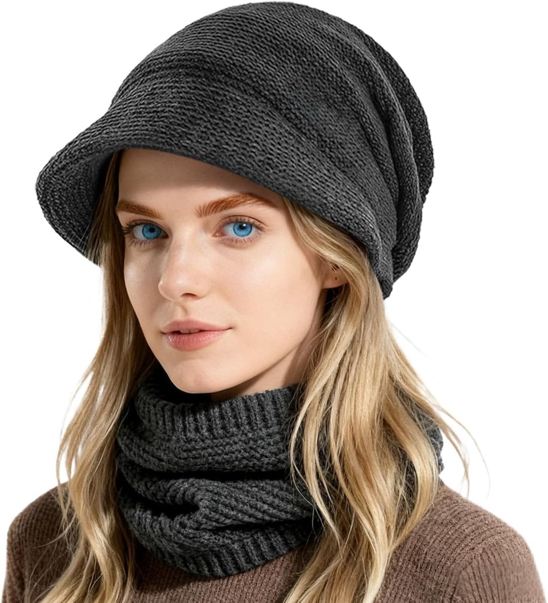 Warme Wintermuts en Sjaal Set voor Dames met Gebreide Muts en Fleece Voering, Ideaal voor Koude Dagen en Bescherming tegen de Wind