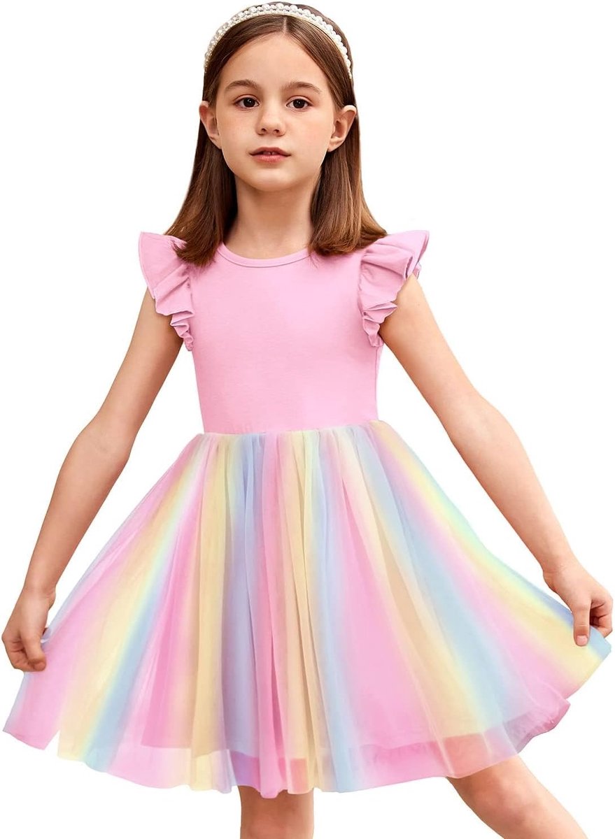 Meisjesjurk voor kleine kinderen, tule jurk, vliegende mouwen, prinsessenjurk, feestelijke jurk, tutu, kinderjurk, katoen, feestjurk, verjaardag, bruiloft, zomerjurk, 2-7 jaar