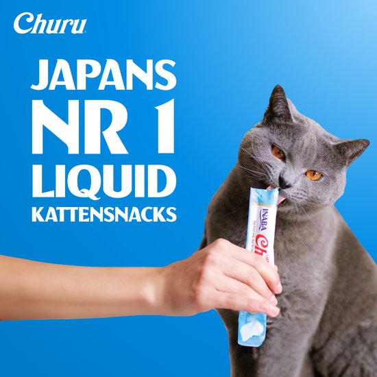 Grijze kat eet Churu kattensnack tube uit een hand. Text staat "JAPANS NR 1 LIQUID KATTENSNACKS".
