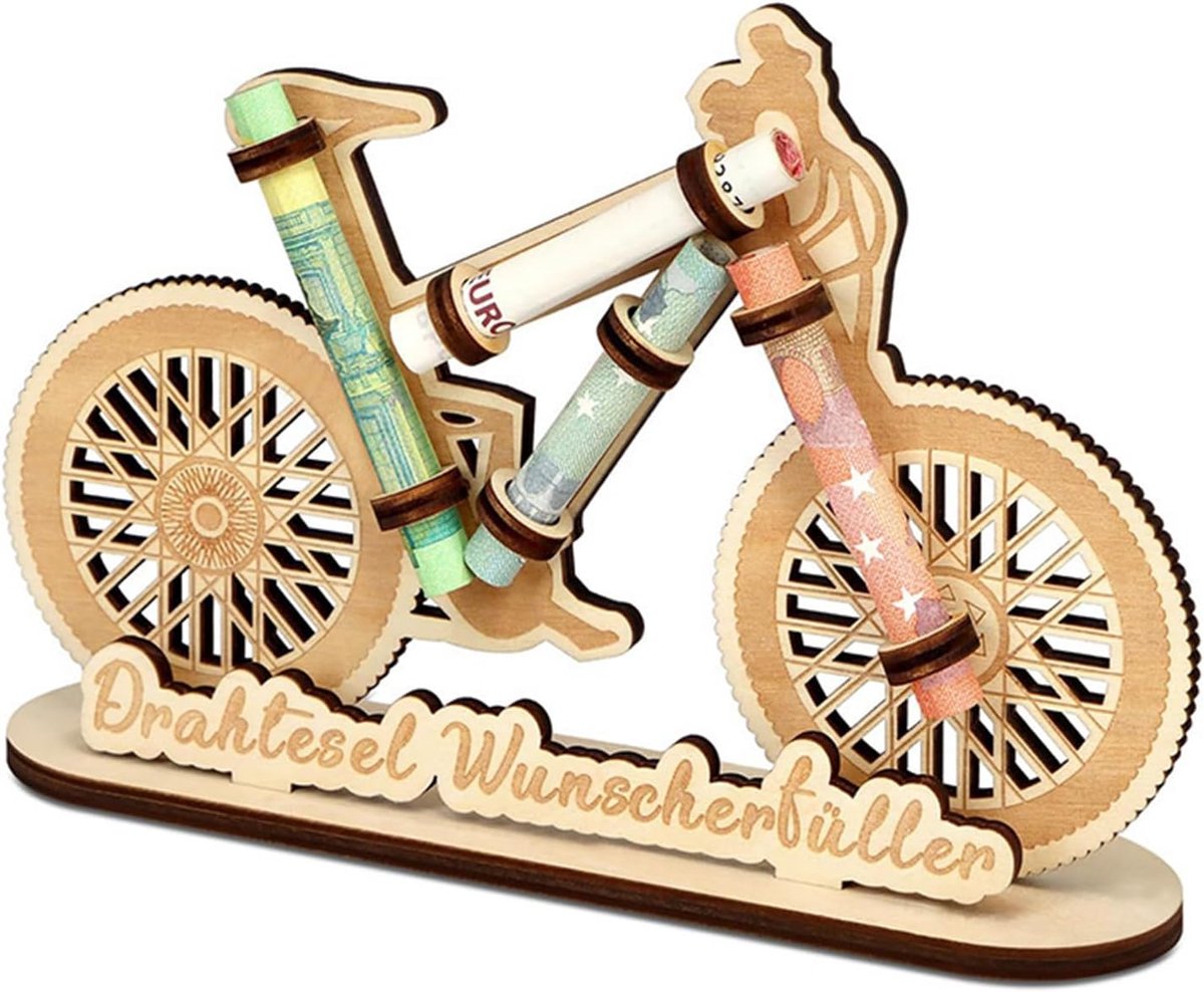 Geldgeschenken van hout, fietsmotief, houten standaard voor geld, geldgeschenken van hout voor verjaardag, grappige geldverpakking voor cadeau, bruiloft, feest