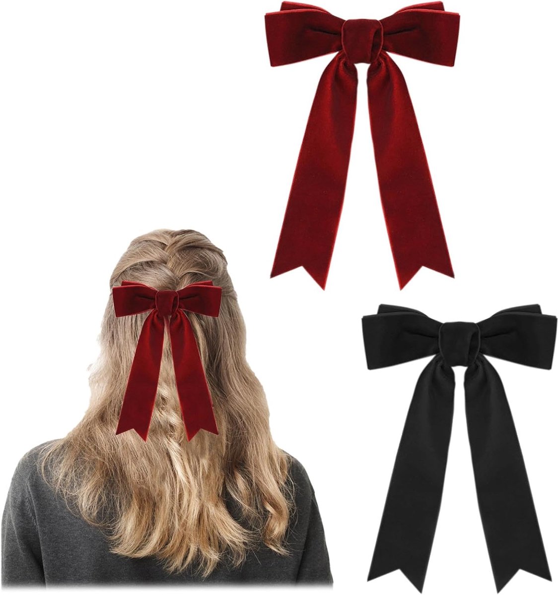 2 stuks fluwelen strik haarclip, satijnen strik haarspelden met lang lint, rood en zwart haarspeldjes, vintage feesthaaraccessoires voor meisjes vrouwen