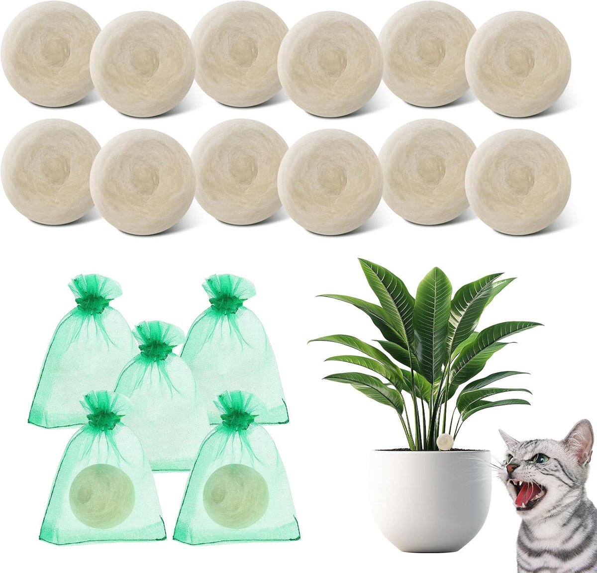 12 stuks kattenafweer, kattenverjager met 5 non-woven zakken, natuurlijk en veilig, ballen met etherische olie van natuurlijk extract, houdt huisdieren van binnenplaats, tuin, gazon, planten (wit, 12