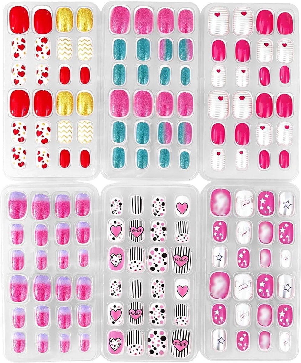 144 Stuks Plaknagels voor Kinderen - Roze Kunstnagels Meisjes - Versierde Nepnagels voor Verjaardag en Kerstmis