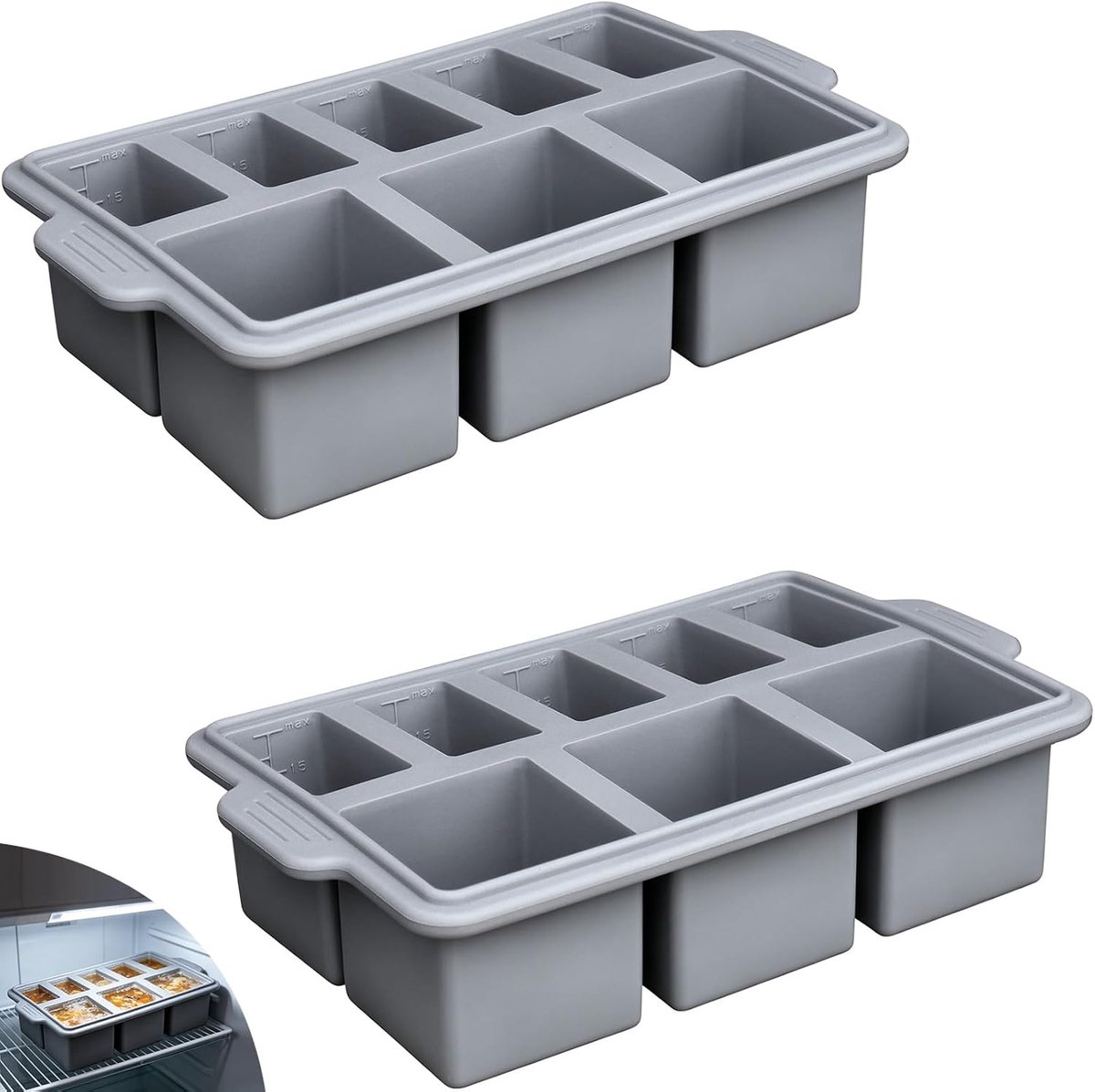 Vriesbak voor soep, vriesbakjes, 2 stuks, grijs, 8 vakjes, ijsblokjesvorm, grote vriesbak voor bouillon, saus, restjes, gebak, voedselveilige siliconen vorm