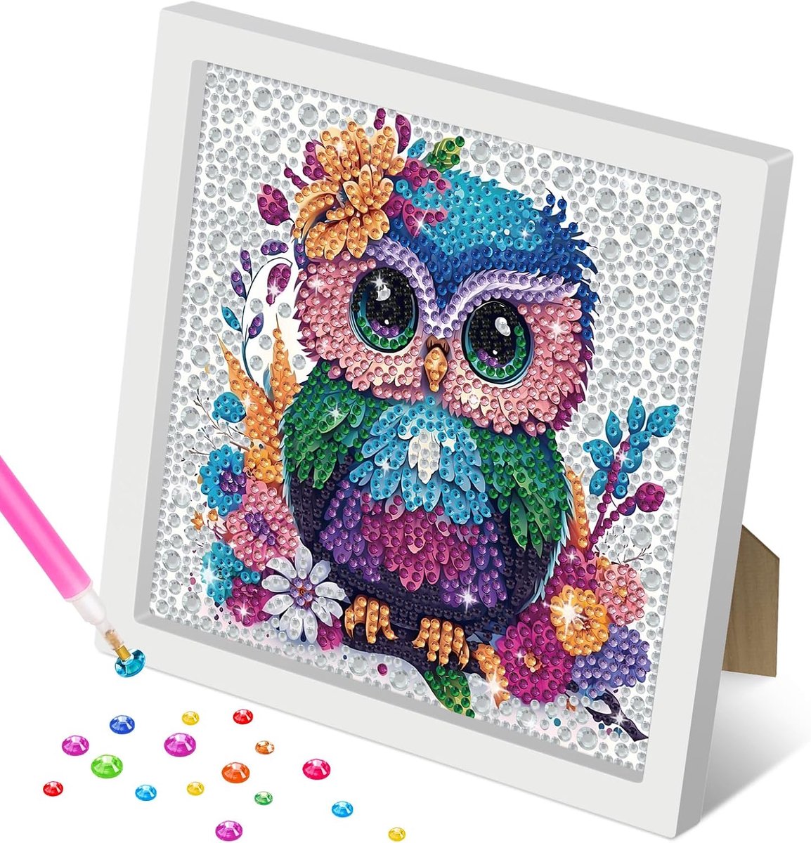 Uil Diamond Art Kits voor kinderen met frame, dier diamant schilderij voor kinderen van 6-8-12 jaar, bloemen edelsteen kunst voor kinderen, kunst en ambachten voor meisjes jongens cadeau, thuis
