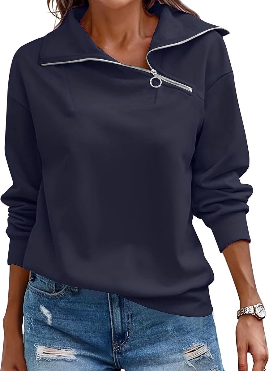 Pullover Dames Sweatshirt Herfst Kwart Ritssluiting Lange Mouwen Staande Kraag Pullover Losse Effen Casual Tops Dames | herfst, winter, lente, opstaande kraag, V-hals, casual, elegant, ritssluiting, pure kleur, basic, mode, klassiekers