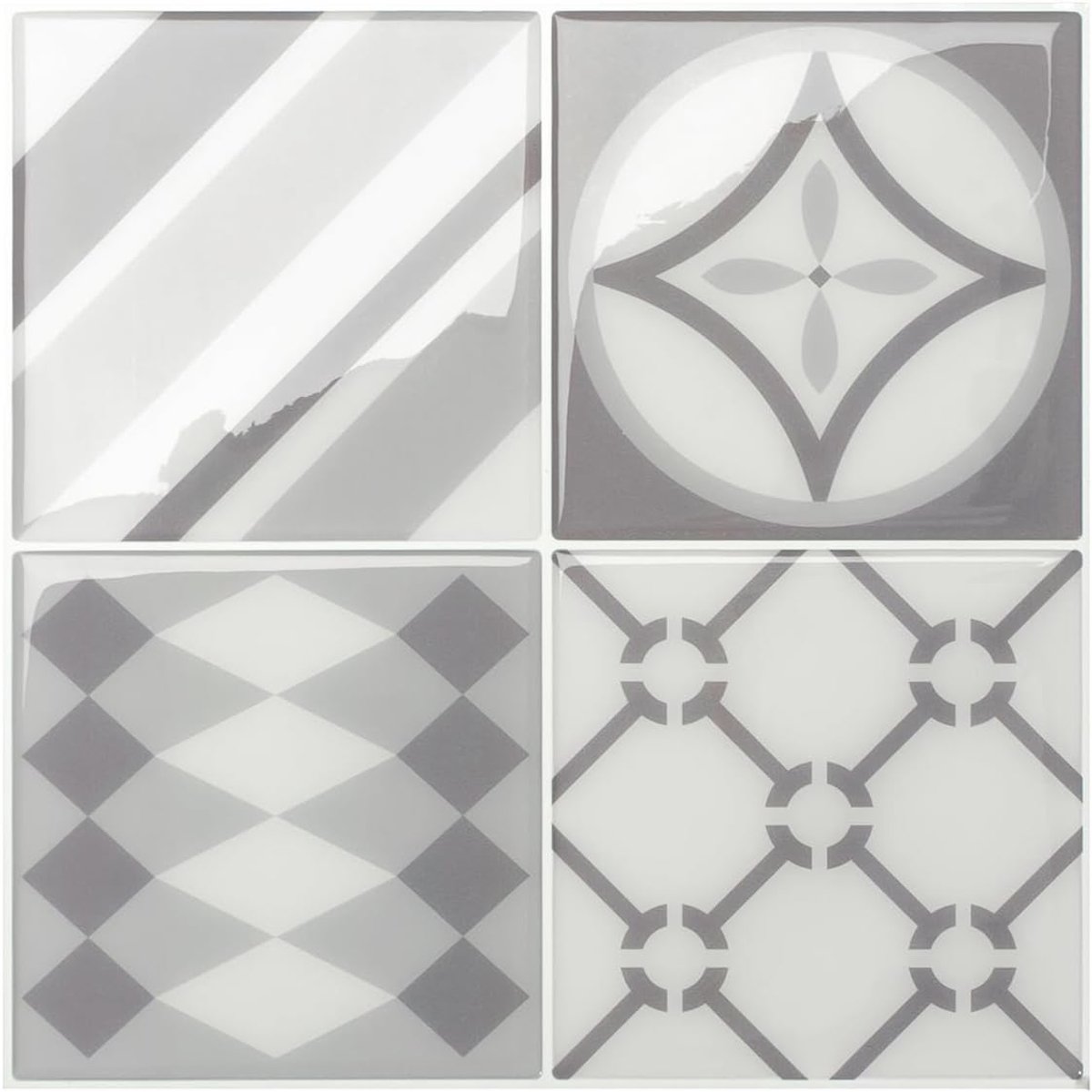 Tiles Plaktegels Zelfklevend, Vierkant Zilver-Wit, 22,86x22,86 cm | Set van 5 (0,26 m²), Glanzend, Hitte-/vochtbestendig, Laag VOC, Keuken/Badkamer, Ideaal voor huurders, Gemaakt in Canada