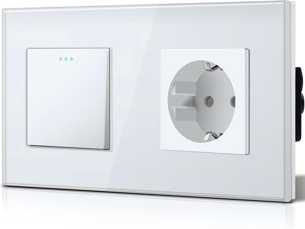 Drukknop lichtschakelaar, glas, en 16 A AC EU stopcontact, glasplaat, 1-voudig, 1-weg wandschakelaar, wit