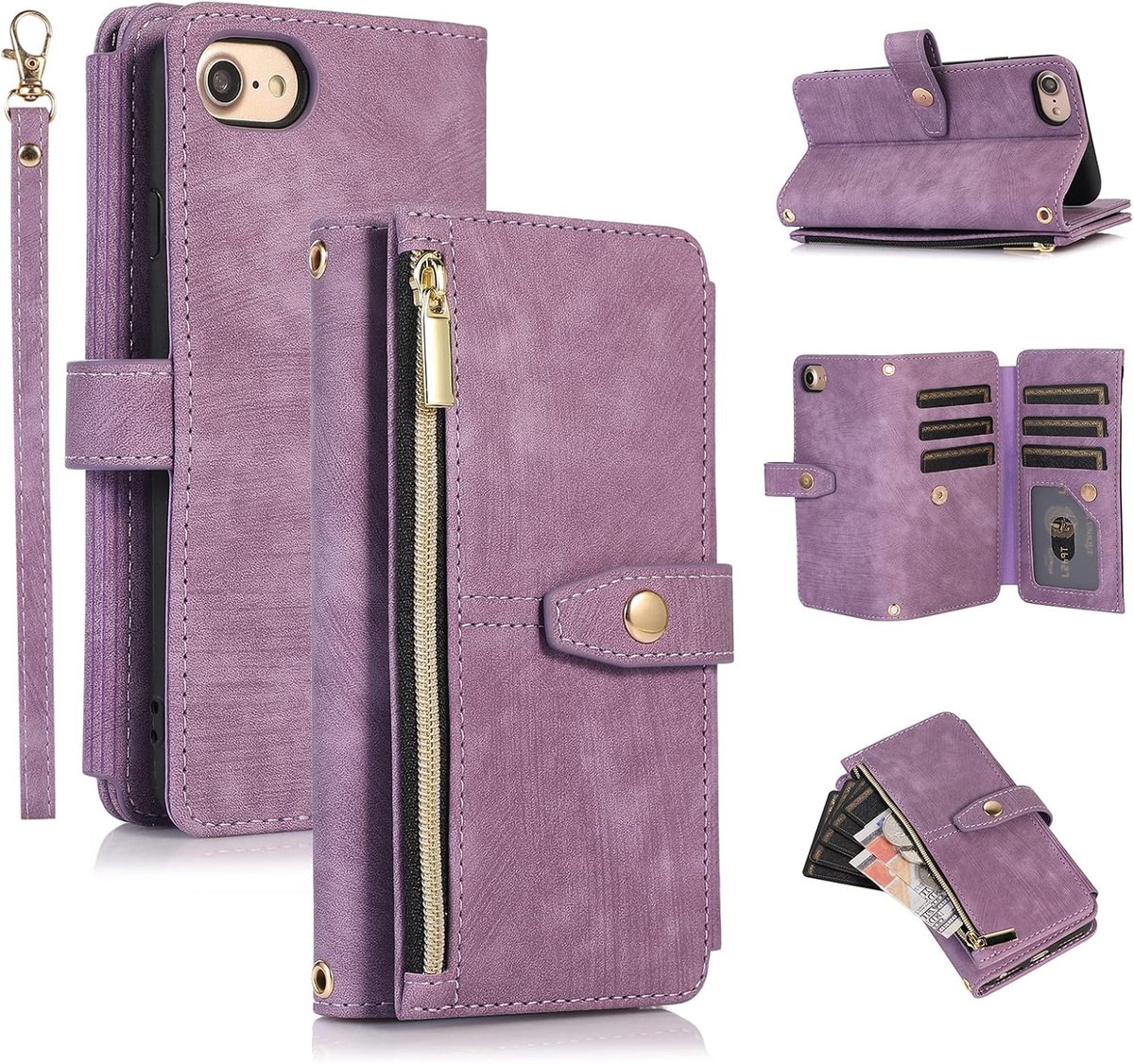 Hoesje voor iPhone SE 2022 5G/iPhone 7/iPhone 8/iPhone SE 2020, 9 kaartsleuven retro lederen portemonnee, schokbestendig, flip cover met handriem, ritsvak, standaard, magnetisch, vintage paars