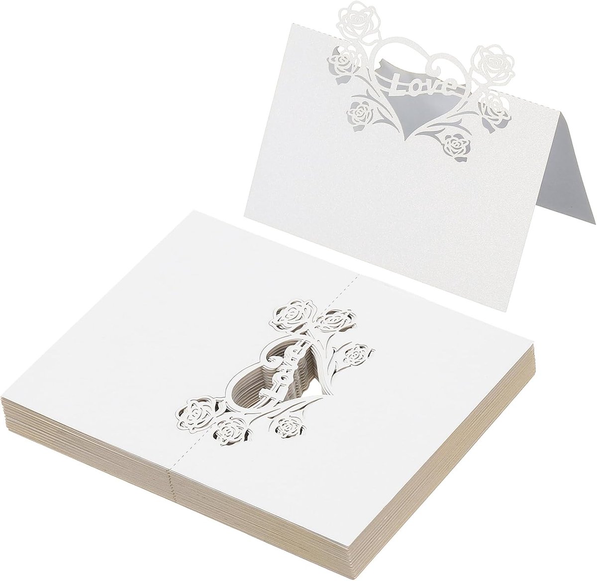 50 stuks bruiloft plaats kaarten, laser gesneden roos liefde hart tafel plaats kaart gevouwen tent kaart naam kaarten voor tafel instelling bruiloft receptie buffet, wit