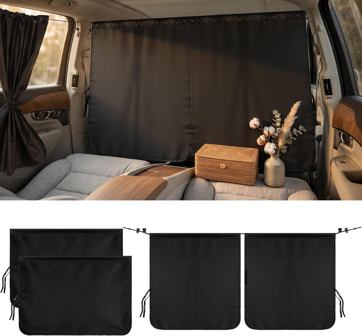 Divider Privacy Gordijnen 4 stuks, universele verduisterende raamhoezen voor voor- en achterruiten, verwijderbaar scheidingsgordijn voor auto, SUV, bestelwagen, camping, reizen, dutje