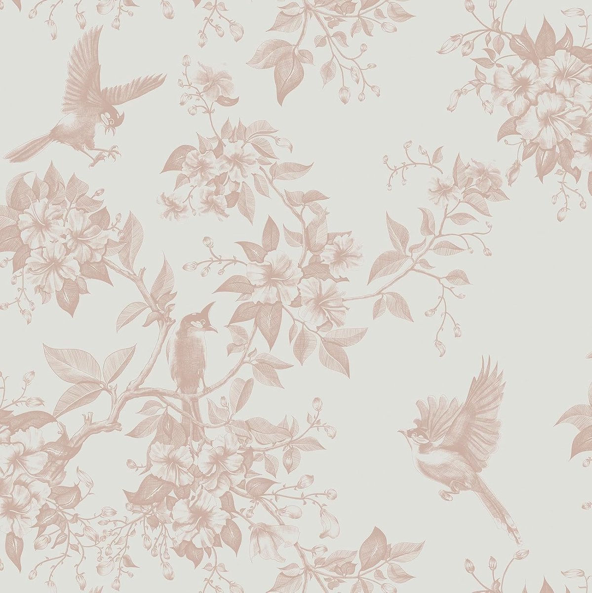 Behang met vogels en bloemen, 44 x 1000 cm, roze bloemenbehang, upgraden huurvriendelijk, verdikte plakfolie voor meubels, keuken, slaapkamer, woonkamer